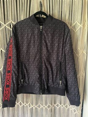 Michael Kors Black MK Logo Bomber Jacket with Red Sleeve Stripe